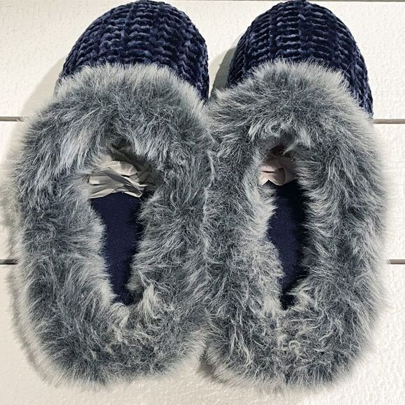 Dearfoam Women’s Faux Fur Chenille Knit Memory Foam Slippers In Navy Peacoat 5/6 - Picture 5 of 8